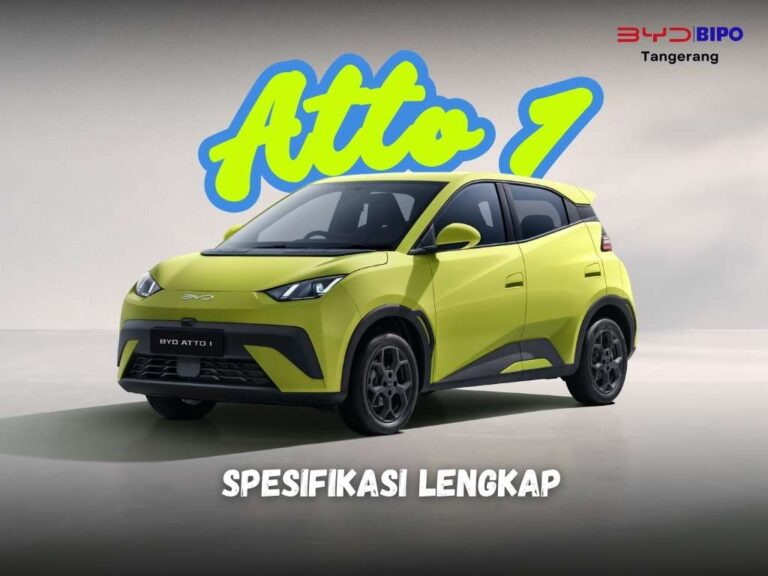 Tampilan depan BYD Atto1 warna kuning dengan tulisan Atto 1 dan logo BYD Bipo Tangerang, menunjukkan desain eksterior modern dan kompak.