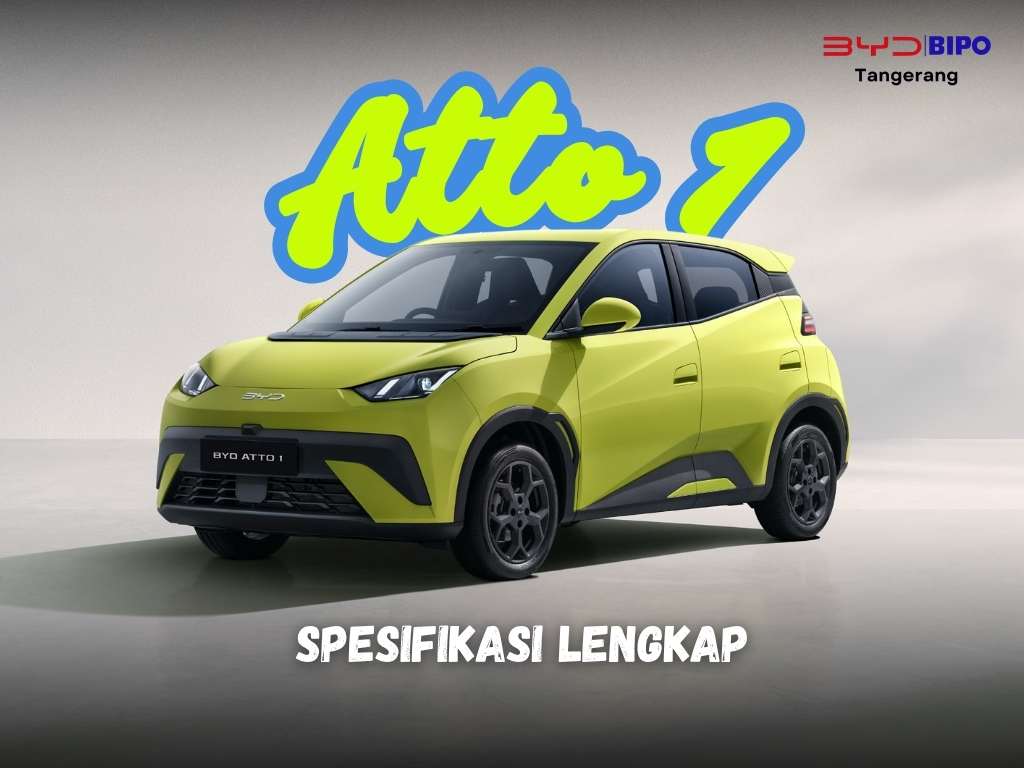 Tampilan depan BYD Atto1 warna kuning dengan tulisan Atto 1 dan logo BYD Bipo Tangerang, menunjukkan desain eksterior modern dan kompak.