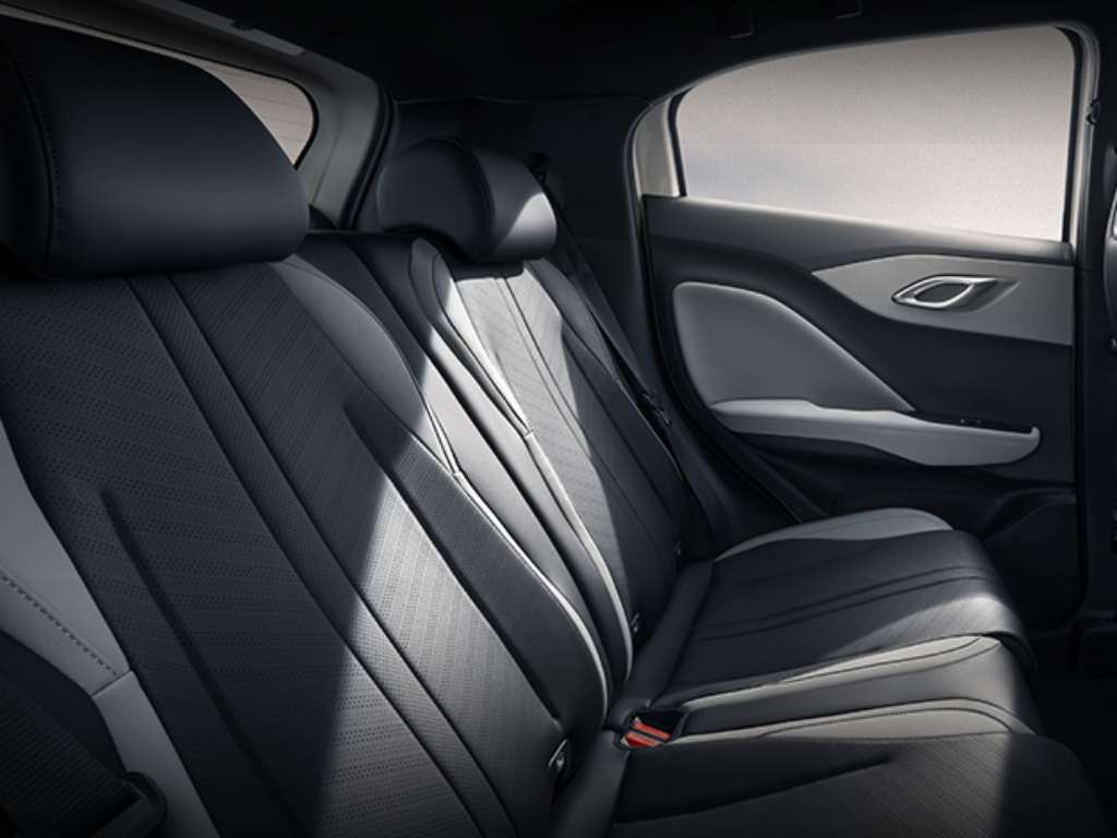 Interior belakang mobil BYD, menunjukkan jok kulit berwarna gelap dengan aksen abu-abu muda, sandaran kepala, dan detail panel pintu.